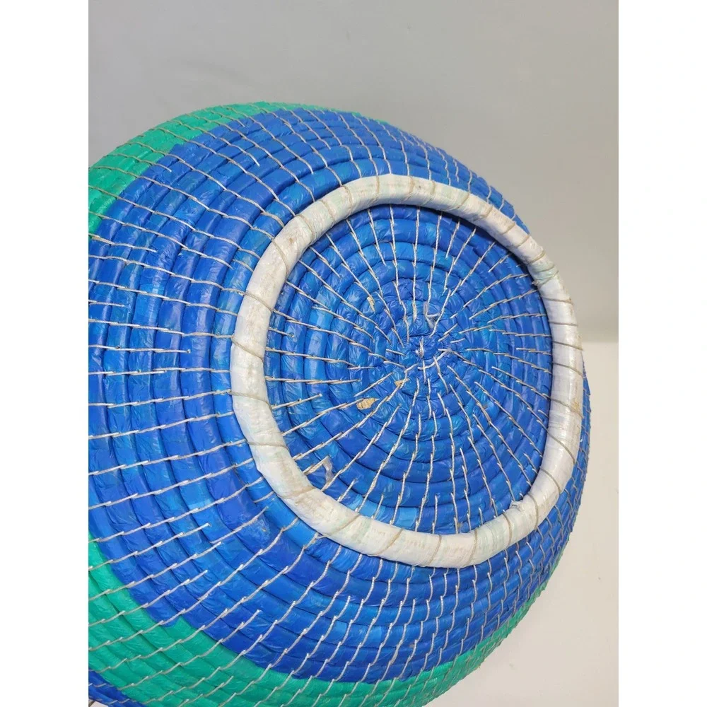 Hand Woven Round Basket with Lid and Handle Blue Green Decorative Storage Accent
